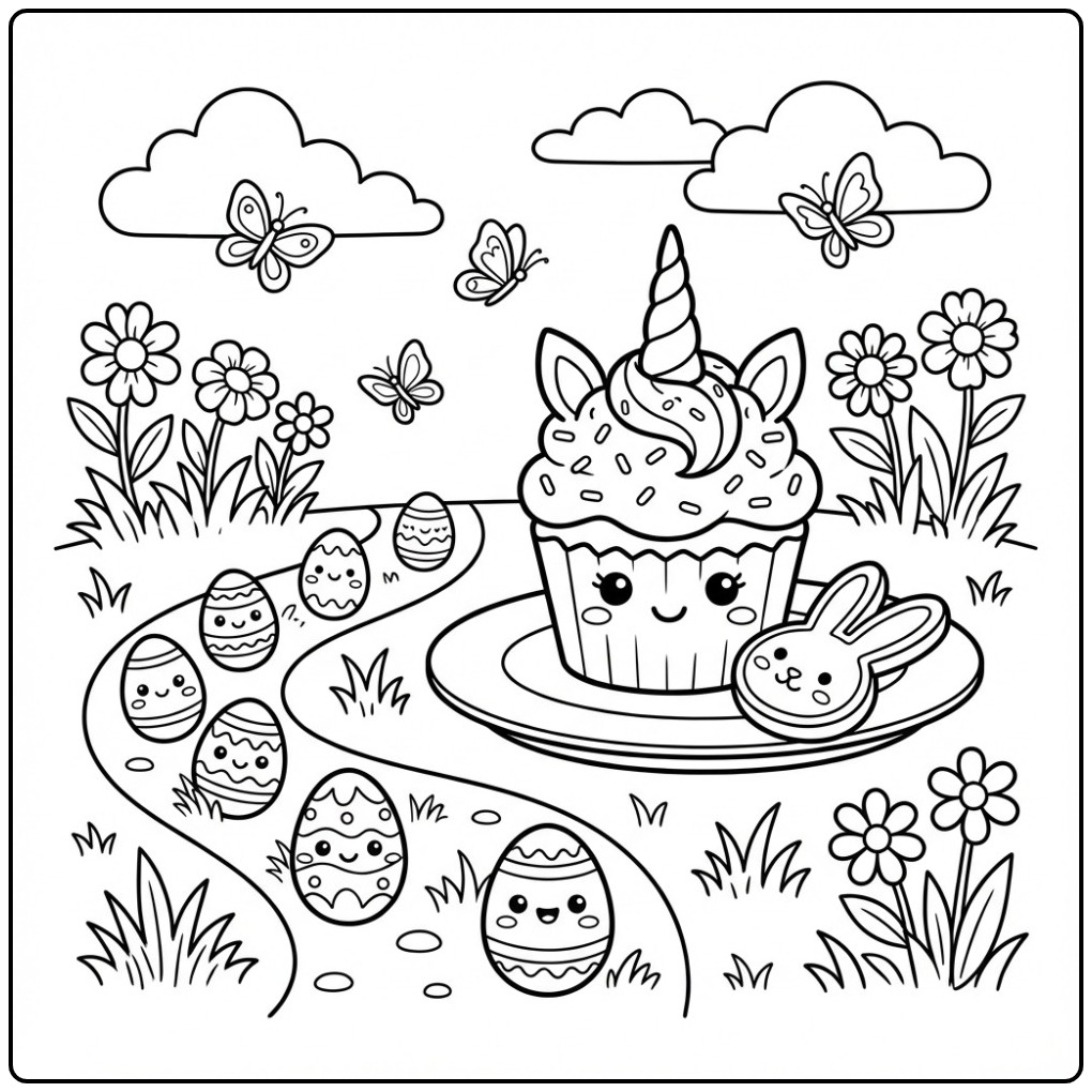 Leuke Pasen eenhoorn cupcake kleurplaat met vrolijke eitjes.