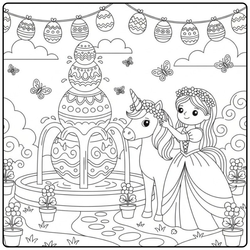 Een vrolijke Pasen prinses eenhoorn kleurplaat met fontein.