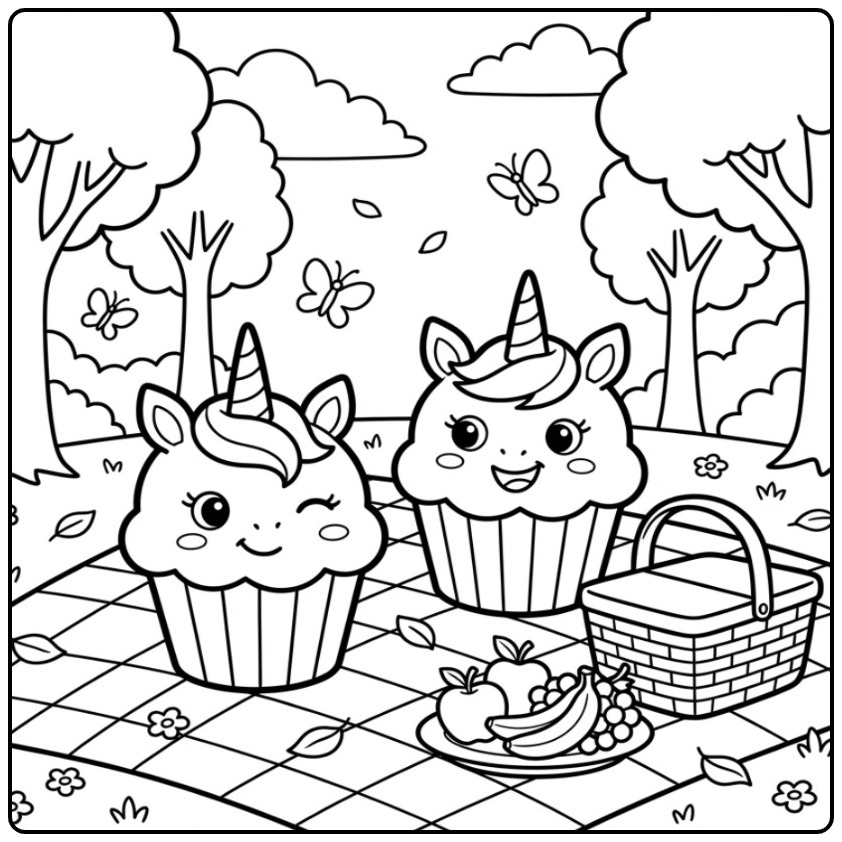 Vrolijke unicorn cupcake kleurplaat van een picknick in het park.