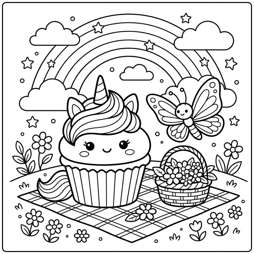 Vrolijke Regenboog eenhoorn cupcake kleurplaat met vlinder.