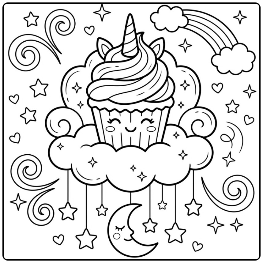 Een schattige Regenboog eenhoorn cupcake kleurplaat op een wolk.