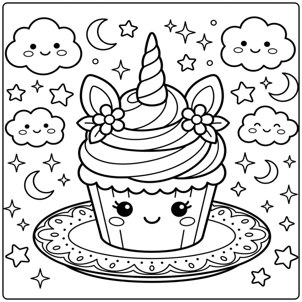 Leuke Regenboog eenhoorn cupcake kleurplaat met sterren en wolken.
