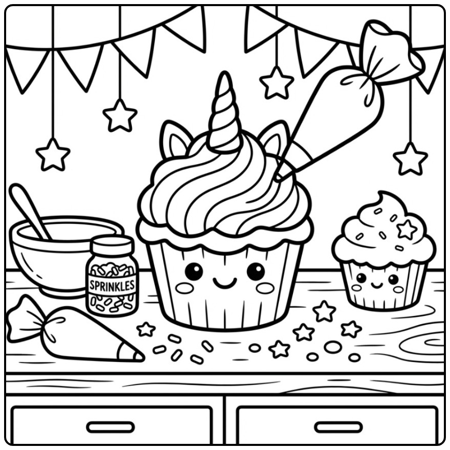 Een leuke Regenboog eenhoorn cupcake kleurplaat om te versieren.