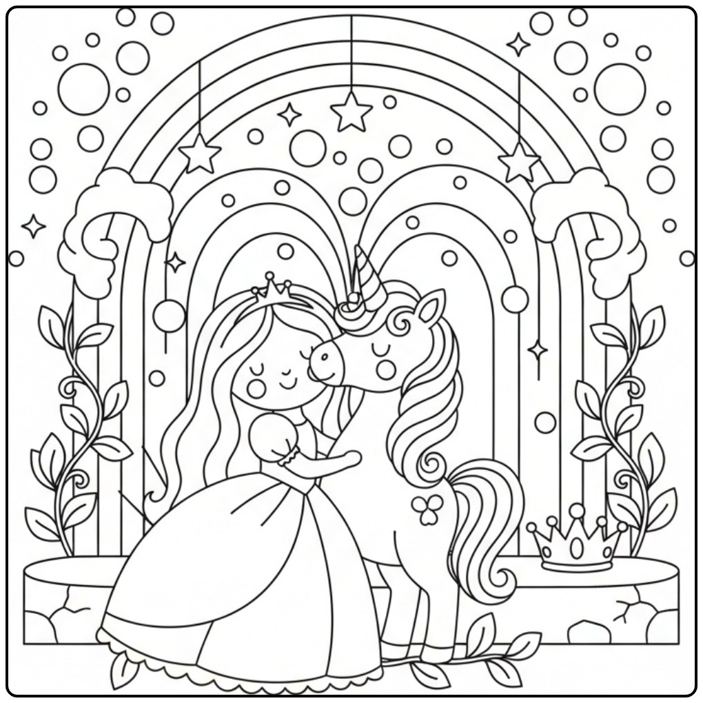 Een schattige Regenboog prinses eenhoorn kleurplaat om in te kleuren.