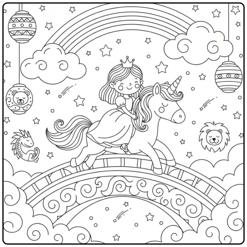 Schattige Regenboog prinses eenhoorn kleurplaat in de lucht.