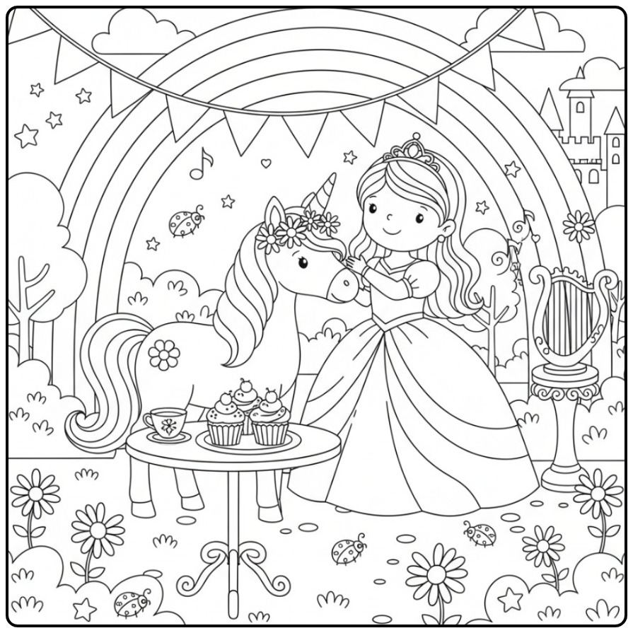 Een vrolijke Regenboog prinses eenhoorn kleurplaat met cakejes.