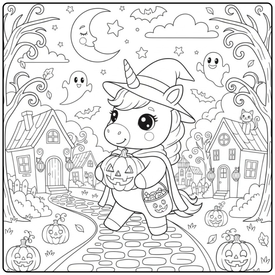 Een leuke Schattige unicorn halloween kleurplaat met pompoenen.