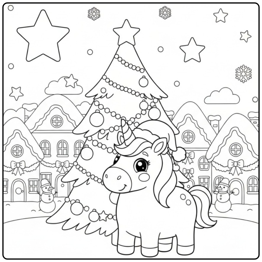 Een Schattige unicorn kerst kleurplaat in een winters dorpje.