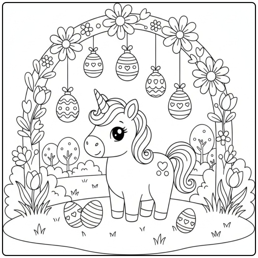 Een Schattige unicorn paaskleurplaat met eieren en bloemen.