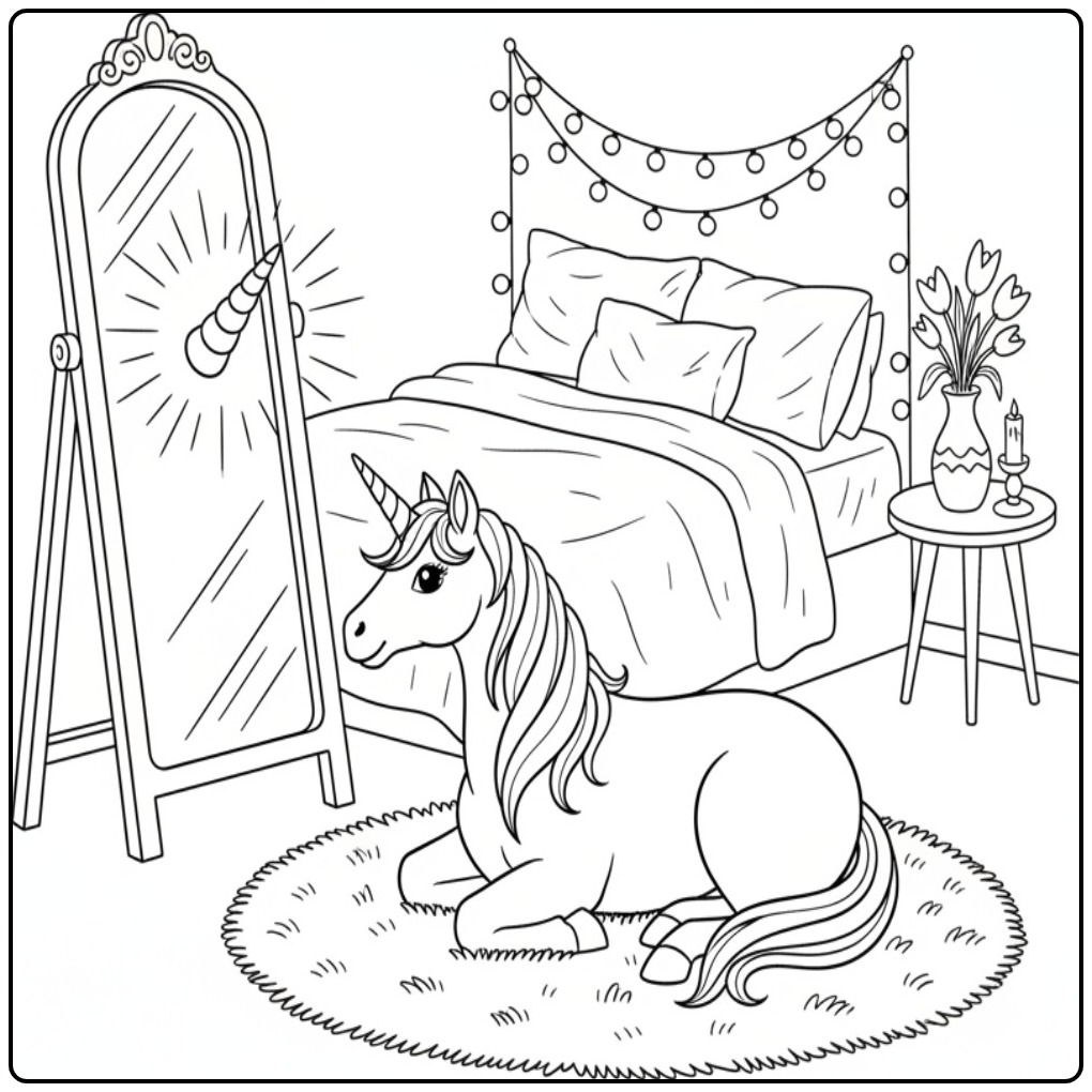 Een eenhoorn in een slaapkamer met een magische unicorn hoorn kleurplaat.