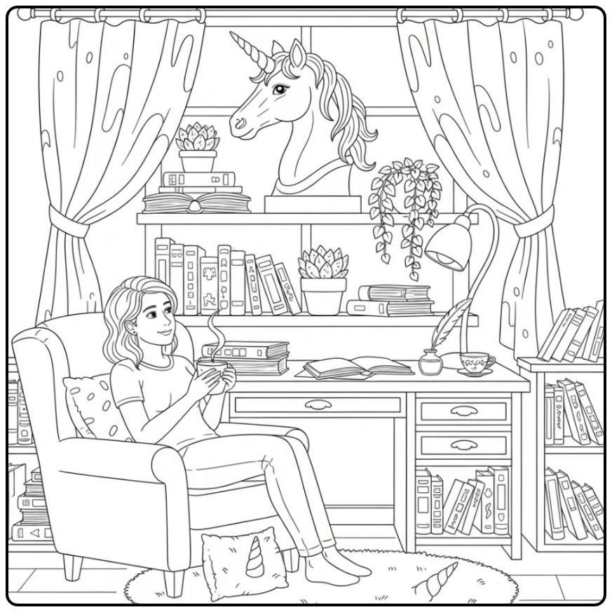 Meisje in een stoel met een kleurplaat eenhoorn hoofd beeld.