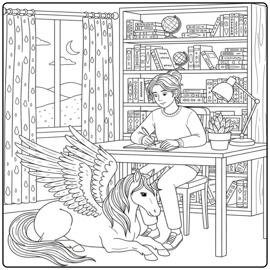 Persoon die studeert naast een kleurplaat eenhoorn met vleugels.
