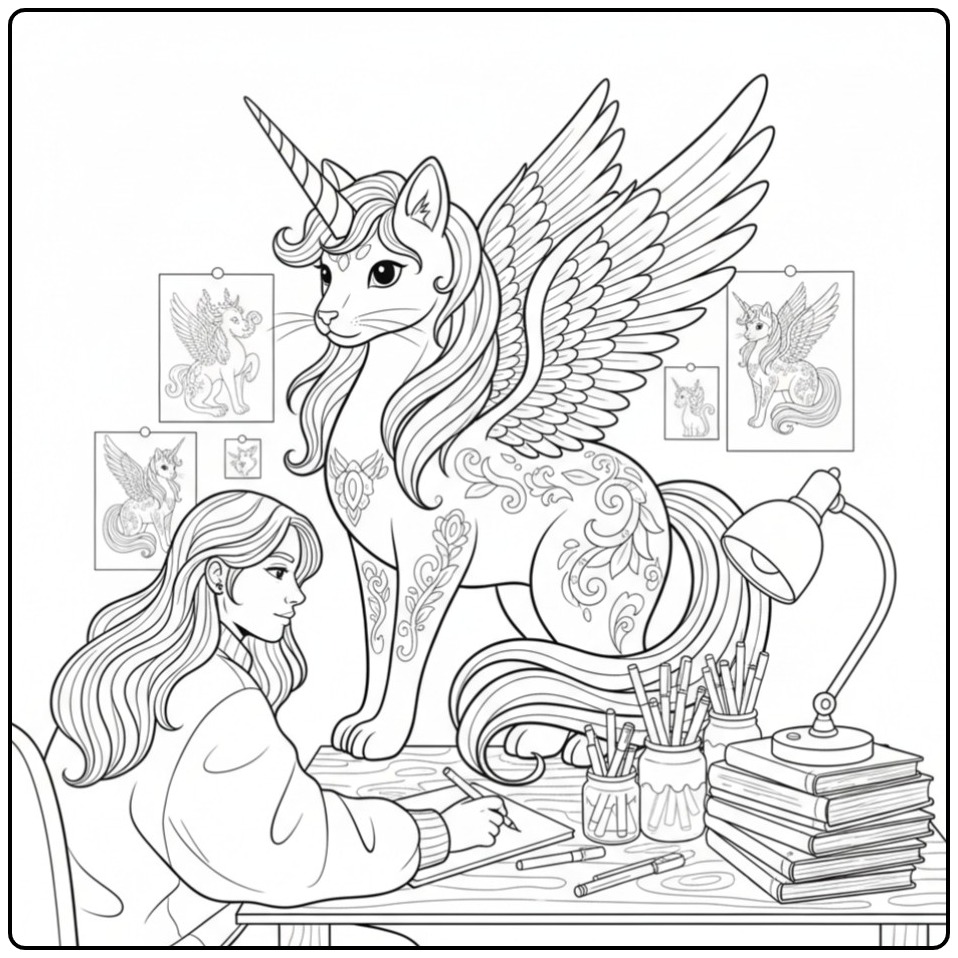 Een meisje tekent haar fantasievriend, een unicorn kat kleurplaat.