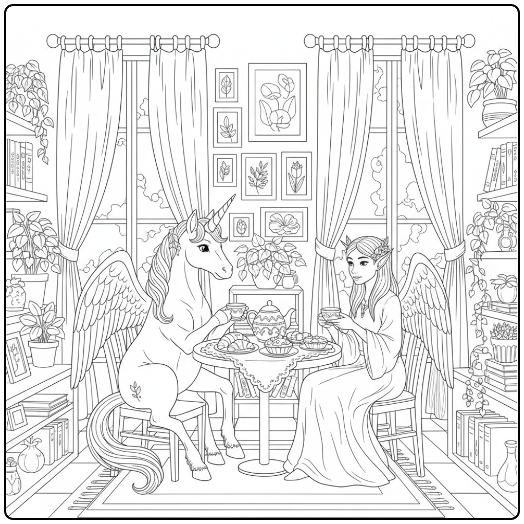 Gezellige kleurplaat elfje en eenhoorn drinken samen thee.