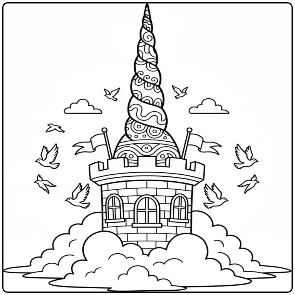 Fantasie kasteel in de wolken unicorn hoorn kleurplaat.