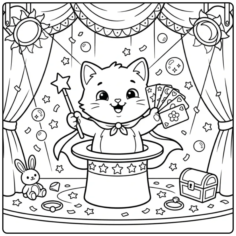 Gedetailleerde kleurplaat kitten moeilijk met toverstaf.