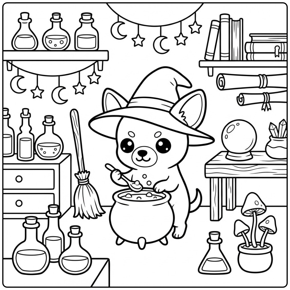 Schattige heksen kleurplaat chihuahua roert in een toverketel.