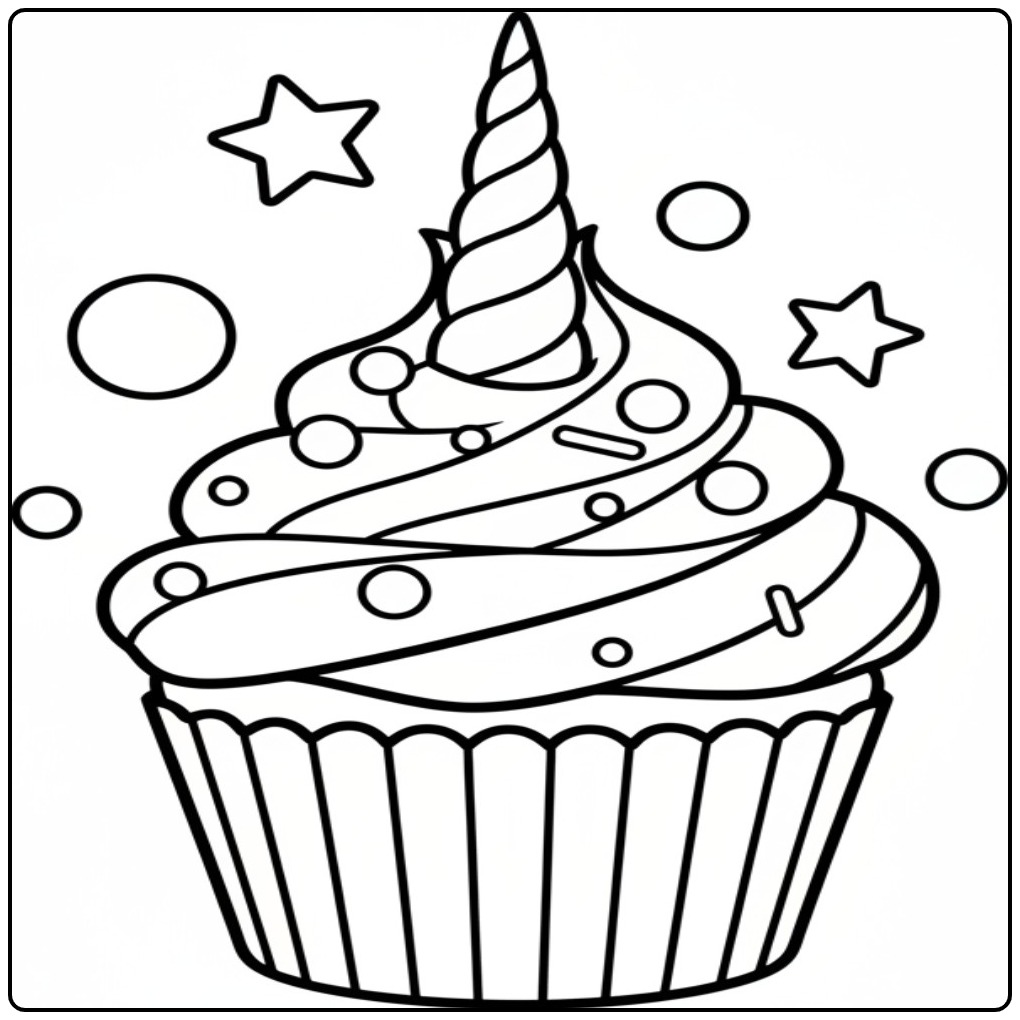 Leuke cupcake met een vrolijke unicorn hoorn kleurplaat.
