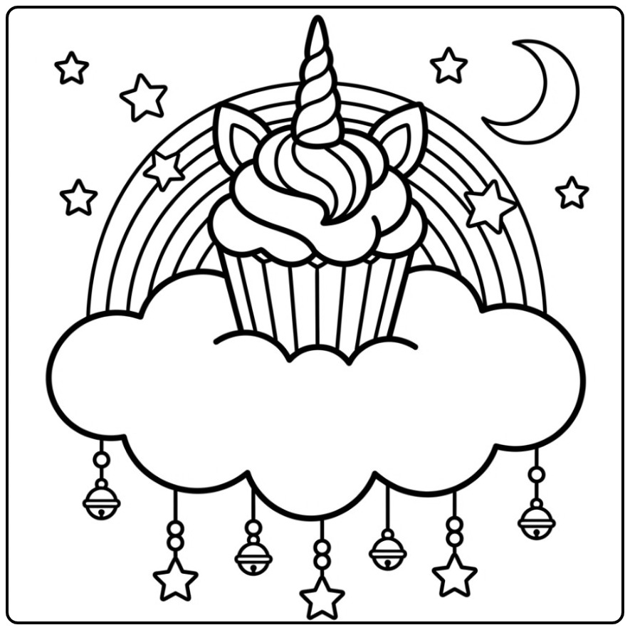 Een zoete unicorn cupcake kleurplaat rustend op een wolk.