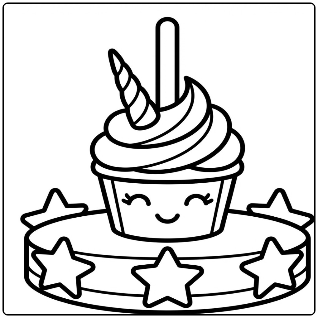 Vrolijke unicorn cupcake kleurplaat op een podium met sterren.