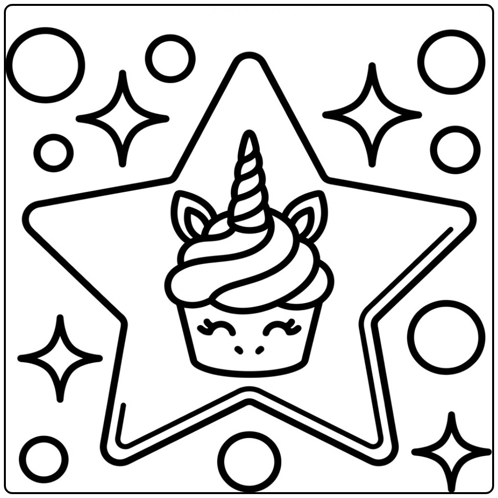 Leuke unicorn cupcake kleurplaat in een grote magische ster.