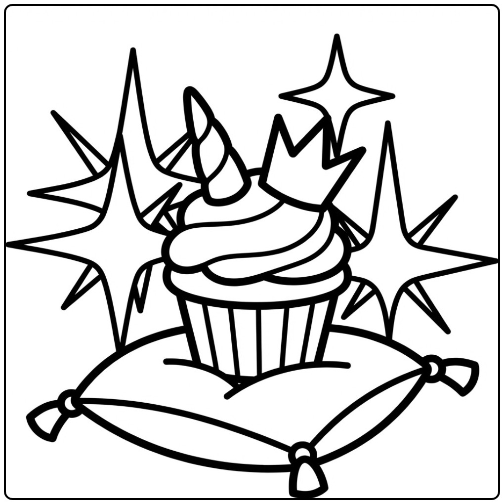 Een koninklijke unicorn cupcake kleurplaat op een zacht kussen.