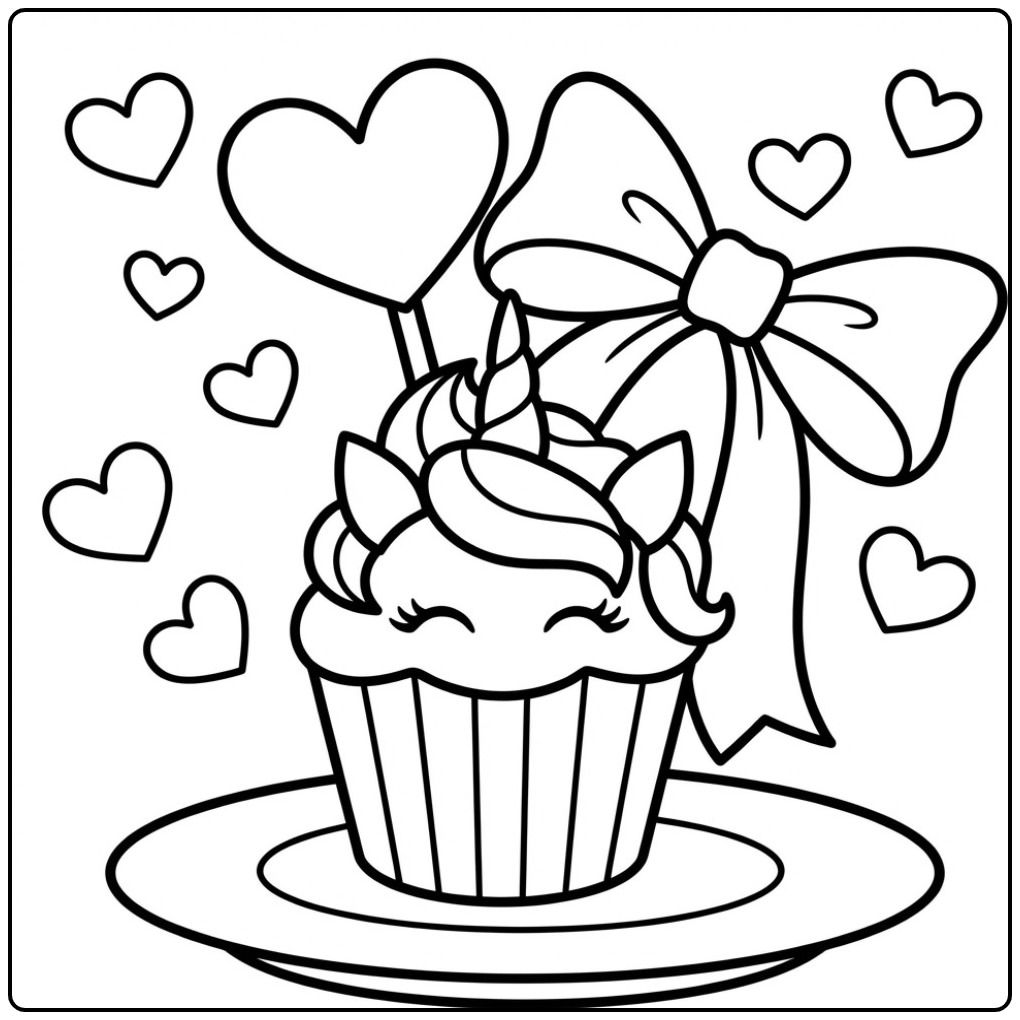 Een schattige unicorn cupcake kleurplaat met hartjes en een strik.