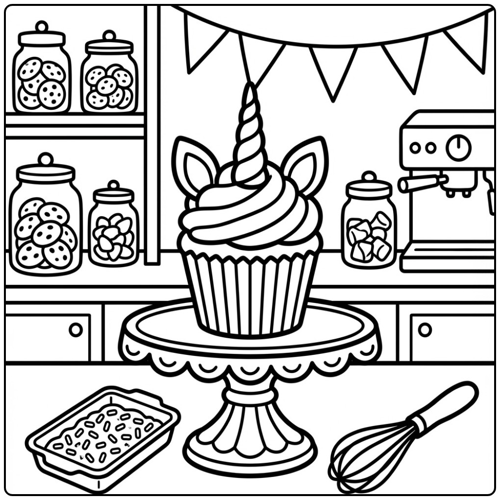 Een feestelijke unicorn cupcake kleurplaat in een vrolijke keuken.