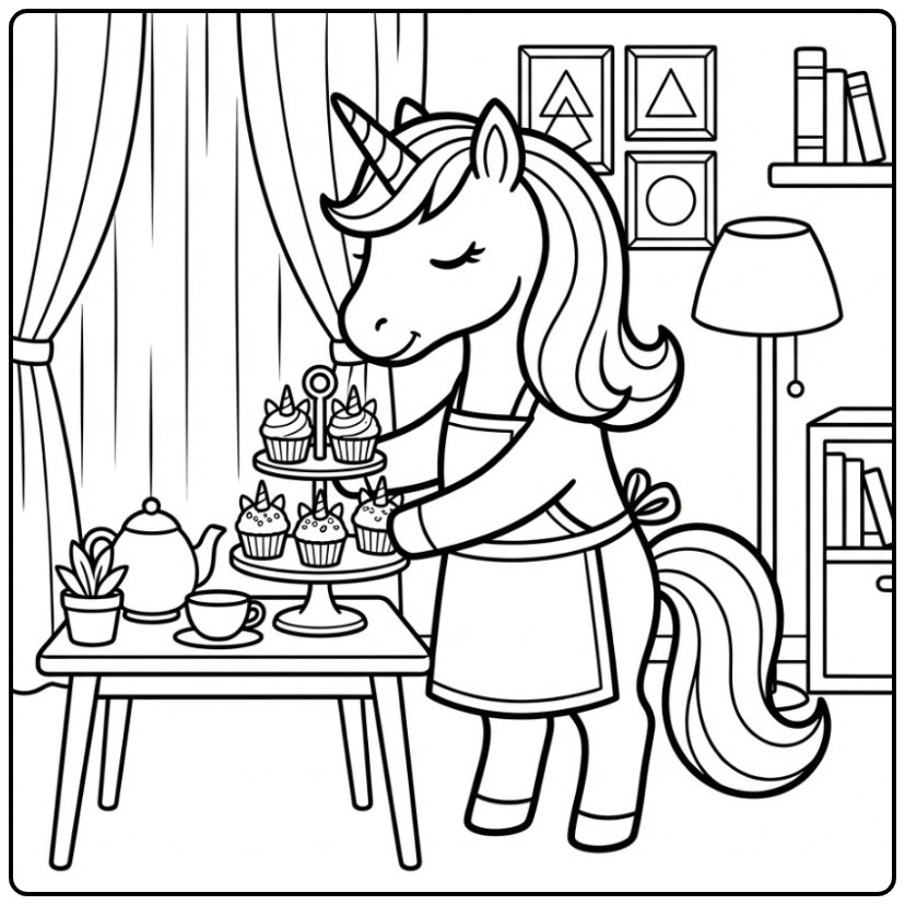 Een unicorn cupcake kleurplaat van een eenhoorn in een schort.