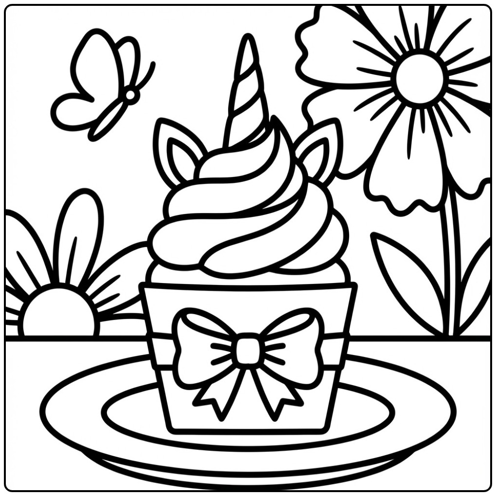 Een schattige unicorn cupcake kleurplaat met een vlinder.