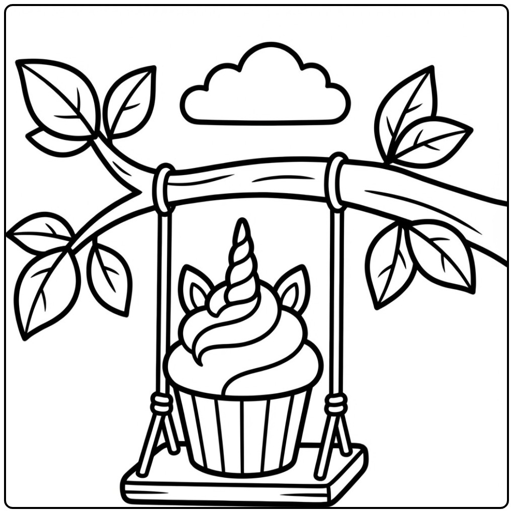 Een vrolijke unicorn cupcake kleurplaat op een schommel.