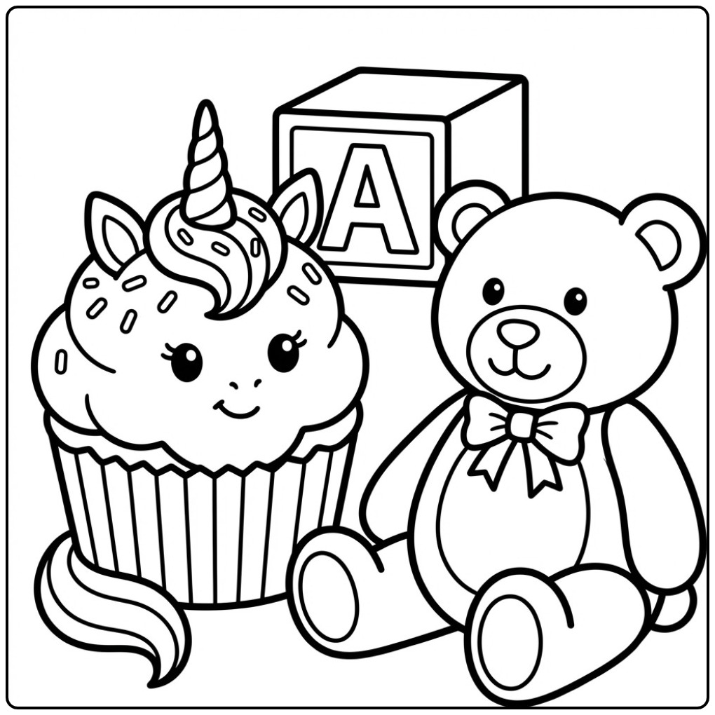 Een vrolijke unicorn cupcake kleurplaat met een teddybeer.