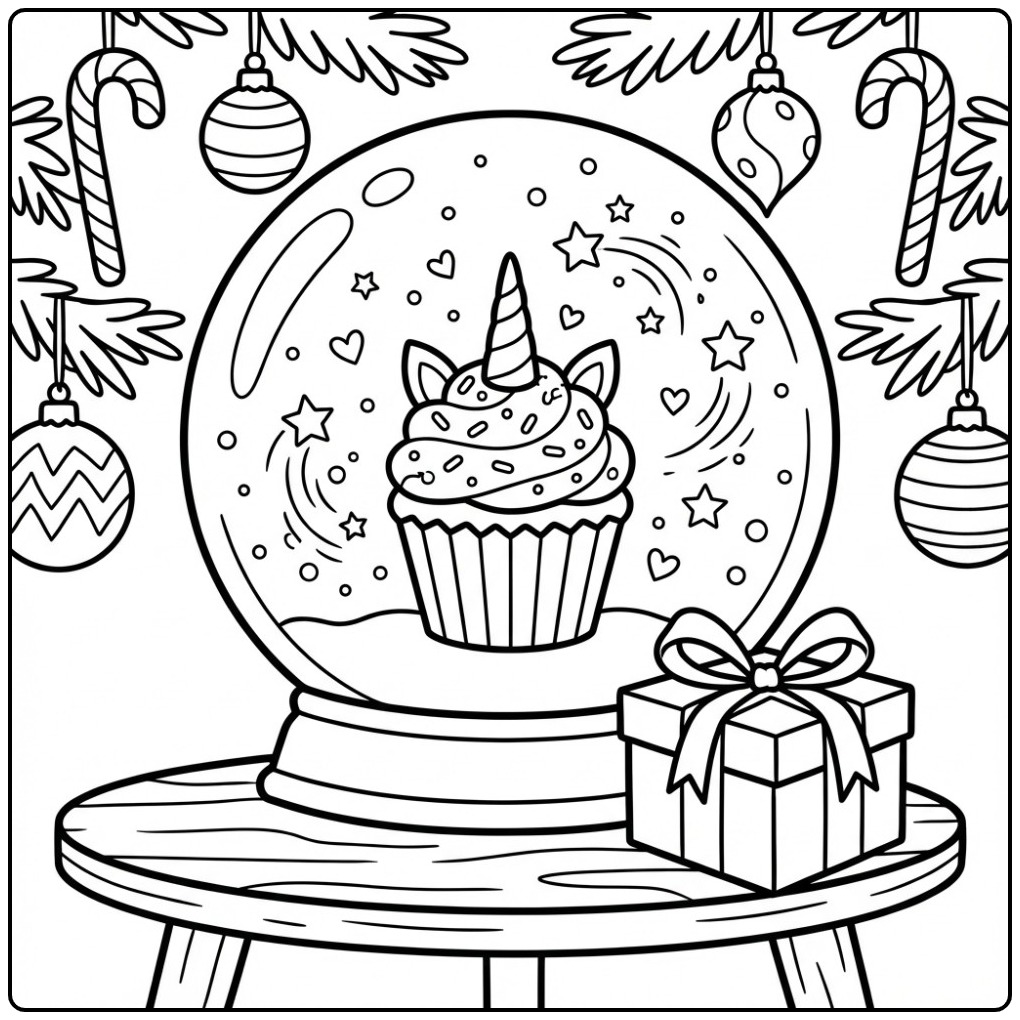 Een magische unicorn cupcake kleurplaat in een kerst sneeuwbol.