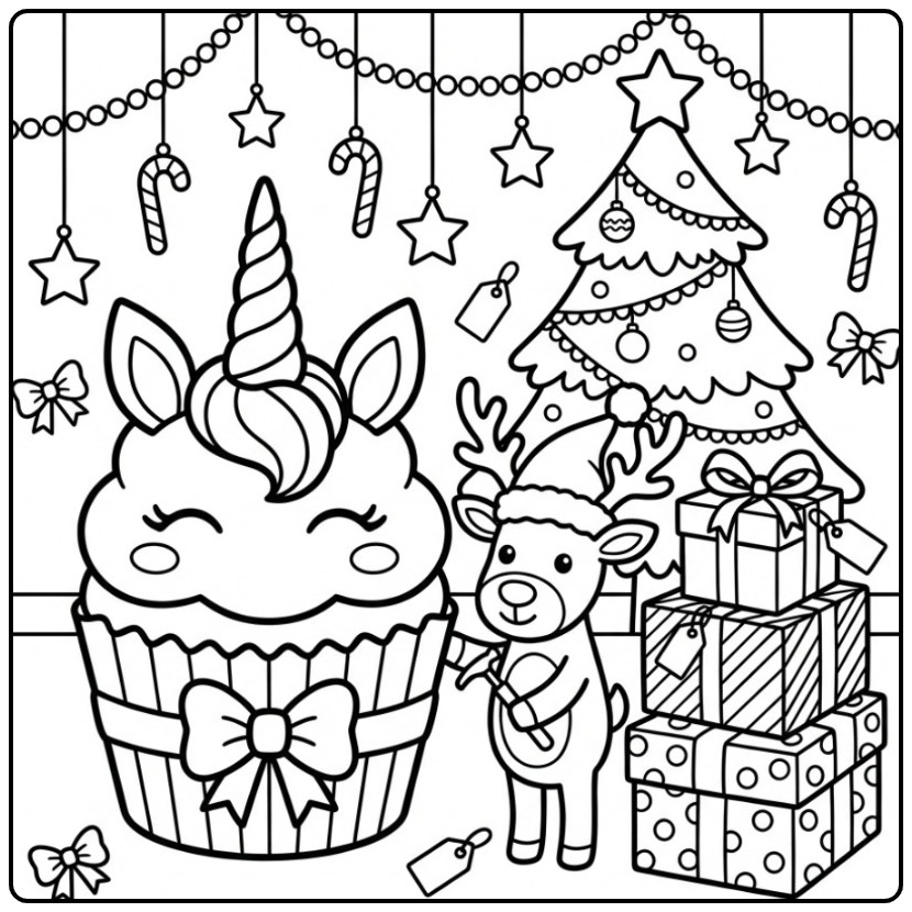 Een feestelijke unicorn cupcake kleurplaat met een rendier.