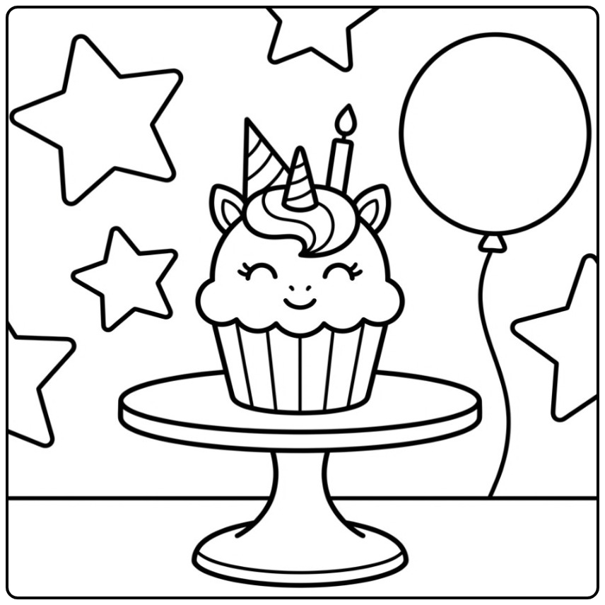 Een schattige unicorn cupcake kleurplaat met een feestmutsje.