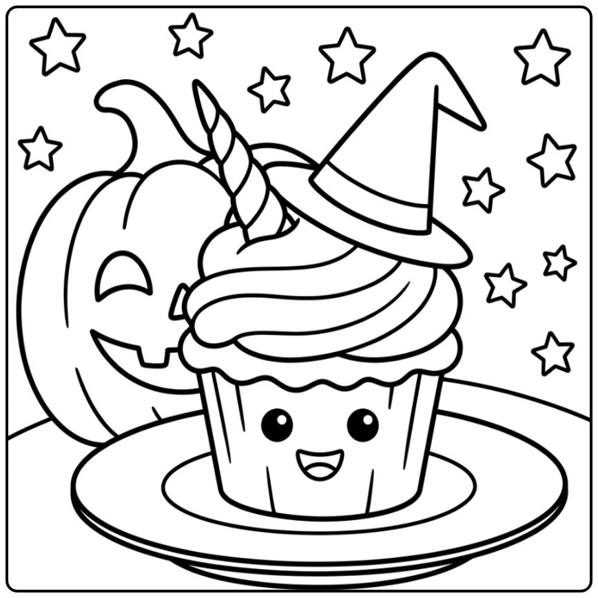 Halloween unicorn cupcake kleurplaat met een pompoen en sterren.