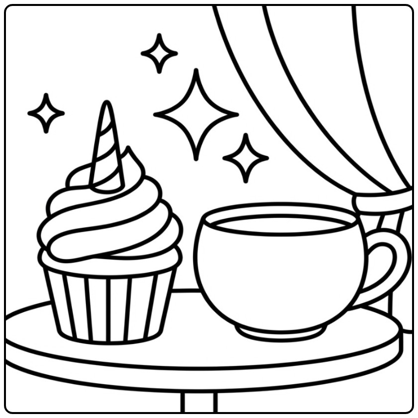 Een magische unicorn cupcake kleurplaat met een kopje thee.