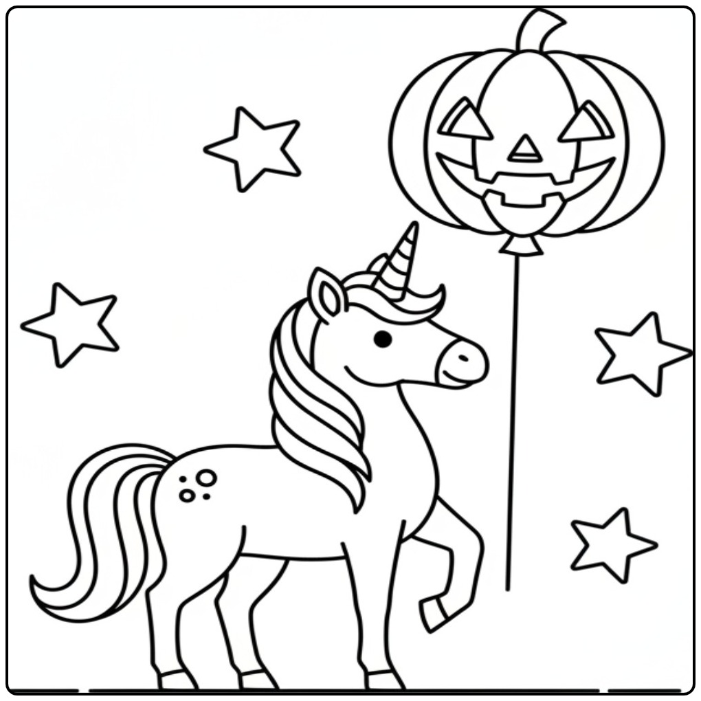 Leuke unicorn halloween kleurplaat met een pompoen ballon.