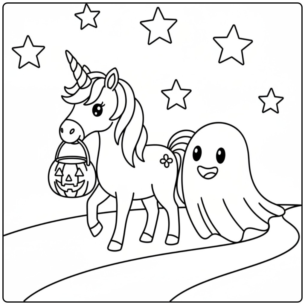 Een schattige unicorn halloween kleurplaat met een spookje.