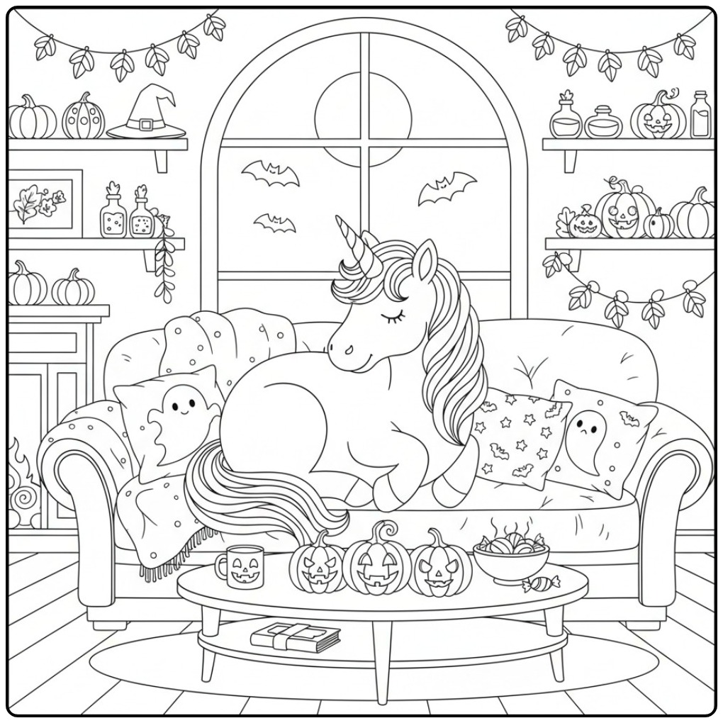 Een slapende eenhoorn op de bank, een unicorn halloween kleurplaat.