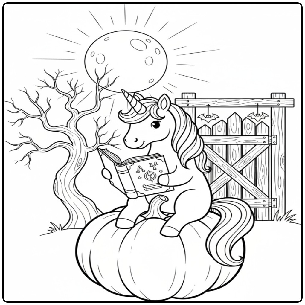 Leuke unicorn halloween kleurplaat met een pompoen en boek.