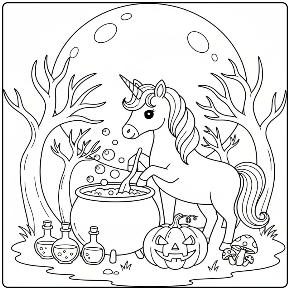 Een schattige unicorn halloween kleurplaat met een toverketel.