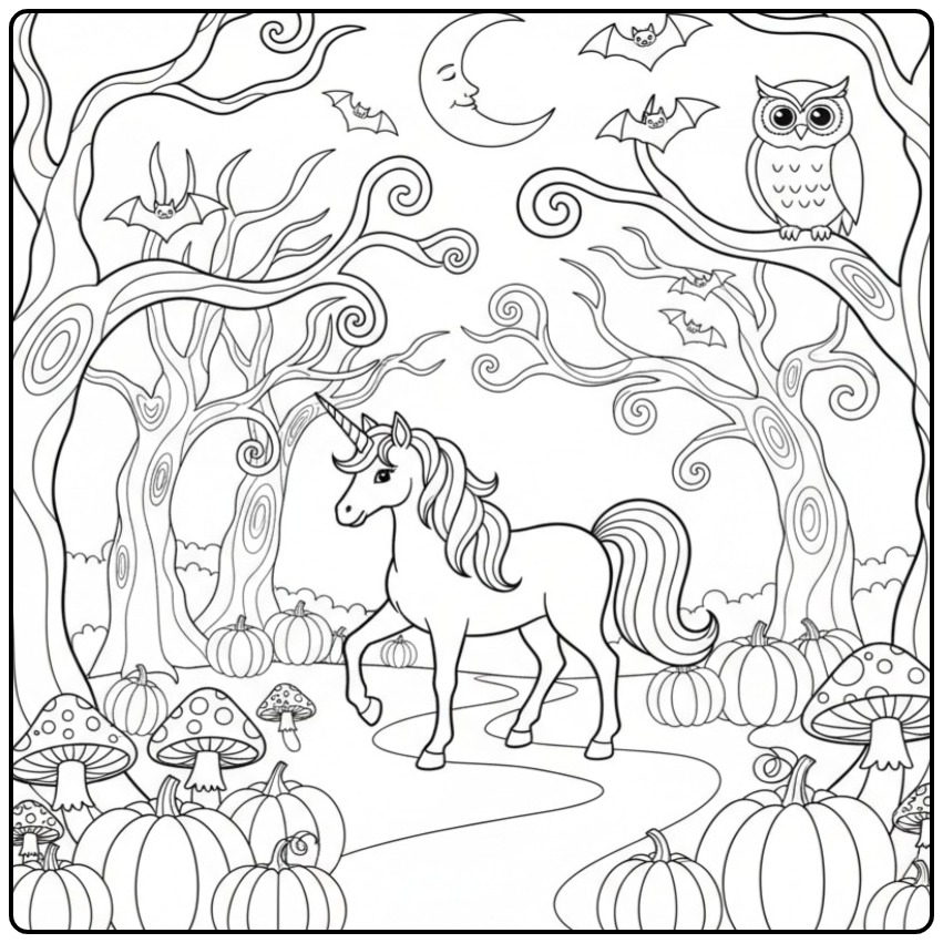 Een schattige unicorn halloween kleurplaat in een spookbos.