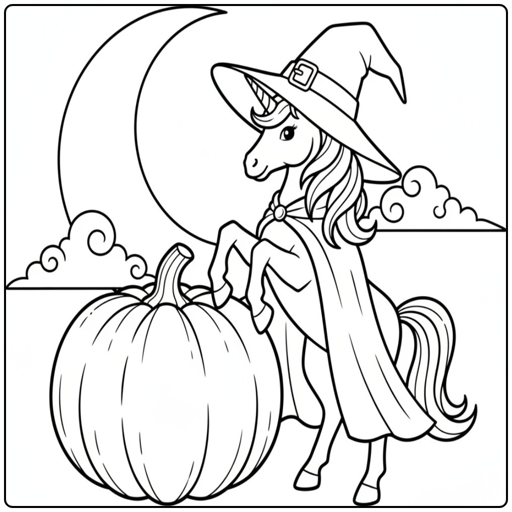 Leuke unicorn halloween kleurplaat met heksenhoed en pompoen.