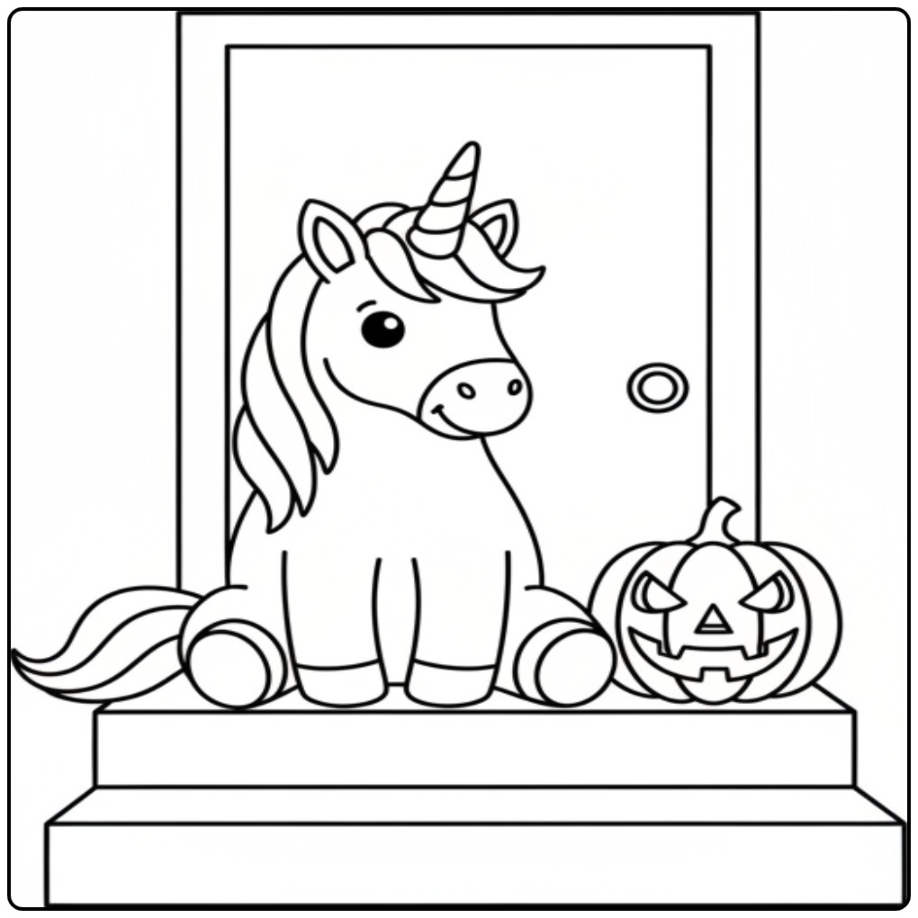 Schattige zittende unicorn halloween kleurplaat met pompoen.