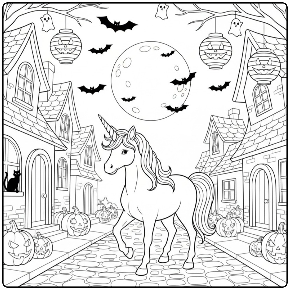 Een schattige unicorn halloween kleurplaat in een spookstadje.