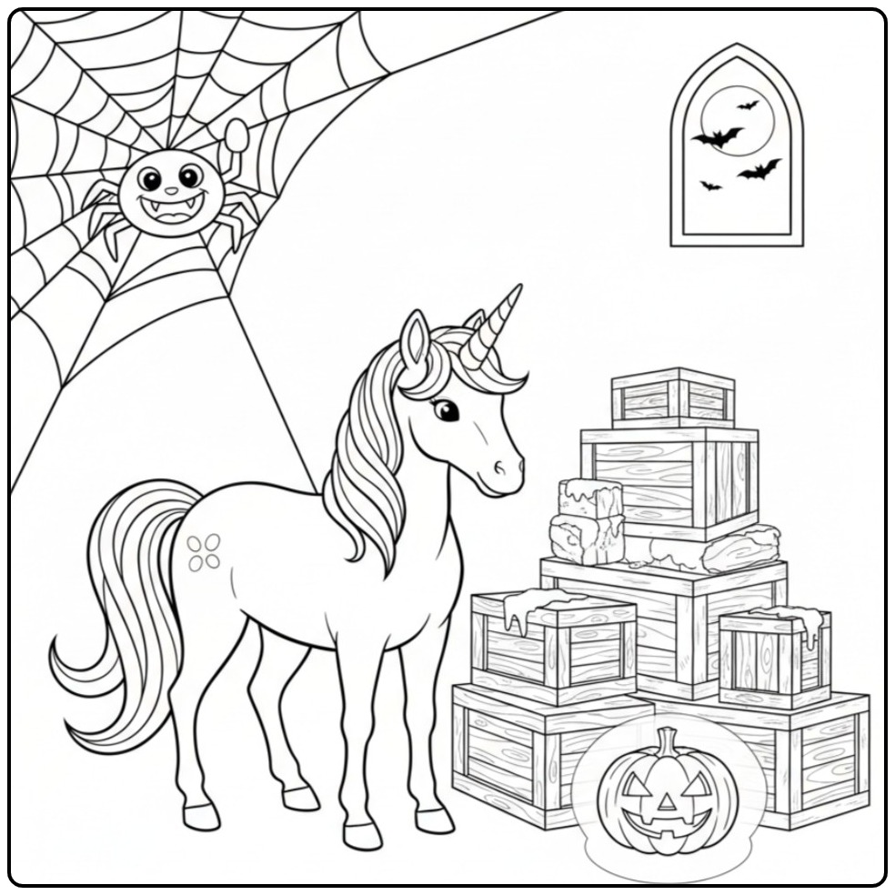 Een leuke unicorn halloween kleurplaat met een spin en pompoen.
