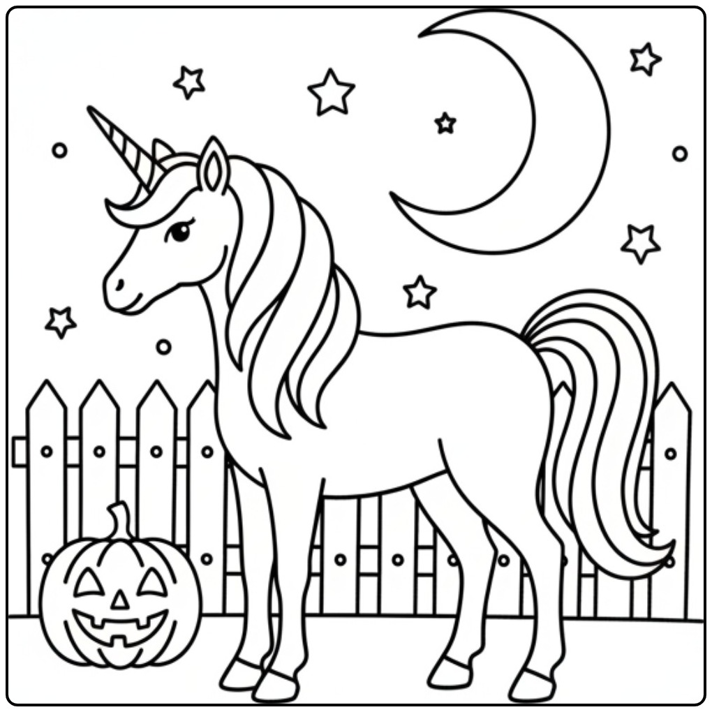 Een vrolijke unicorn halloween kleurplaat met een pompoen.