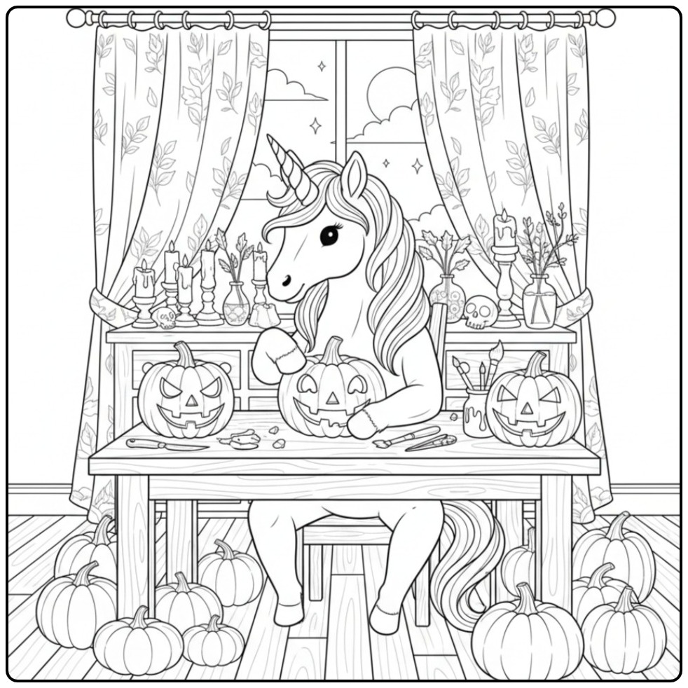 Een creatieve unicorn halloween kleurplaat van een pompoen snijden.