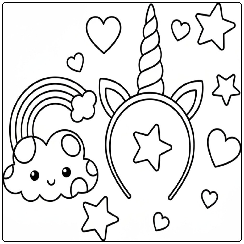 Een leuke unicorn hoorn kleurplaat met een regenboog en sterren.